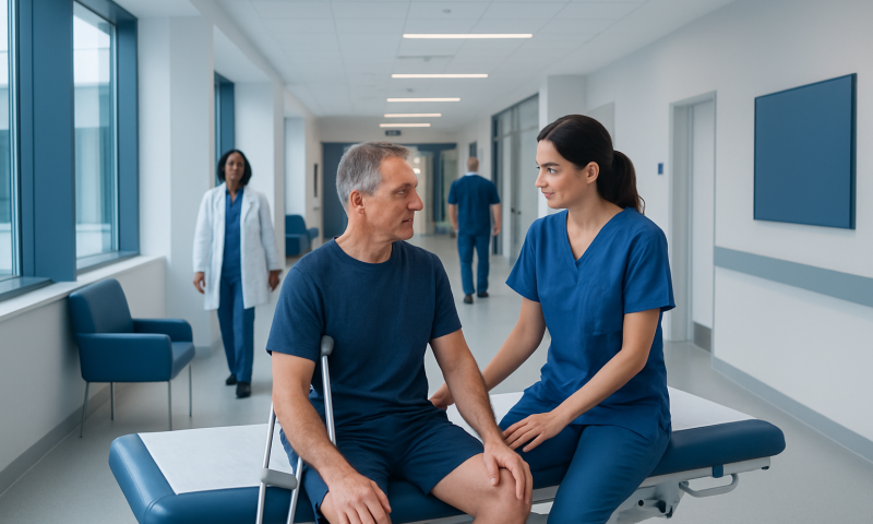 Patient consulting with nurse in hospital corridor.