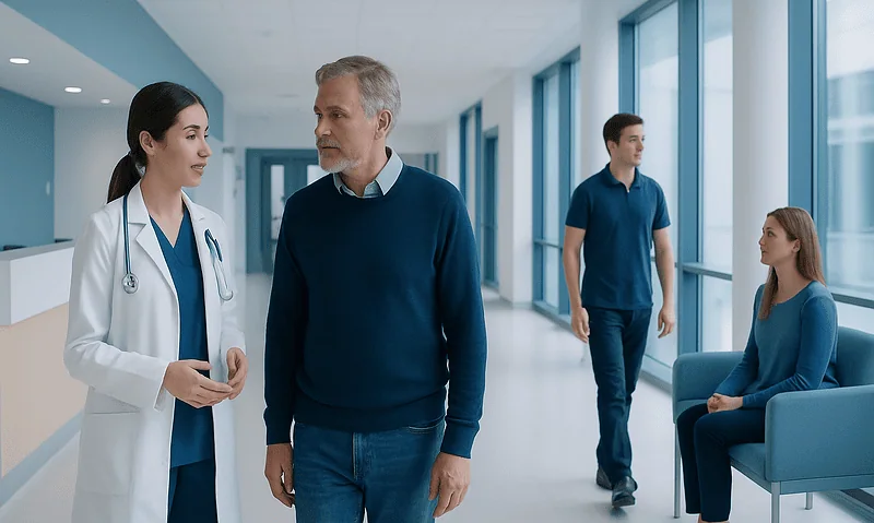 Doctor consulting with a patient in a hospital corridor.