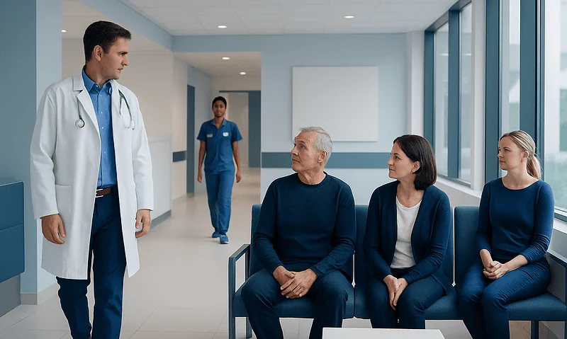 Doctor consulting with patients in a hospital corridor.