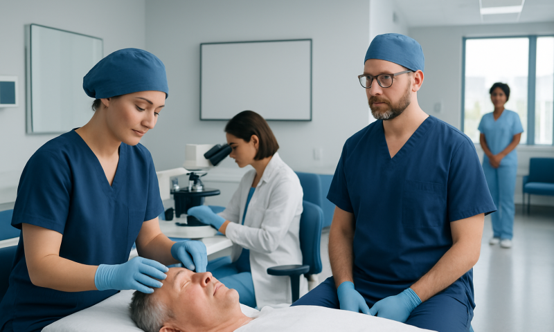 Medical team performing Mohs surgery in a modern hospital setting.