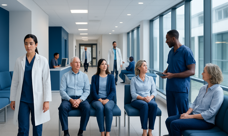 Patients waiting in a hospital corridor with medical staff and doctors.