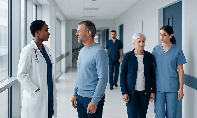 Doctor talking to patient in hospital corridor with staff and visitors.