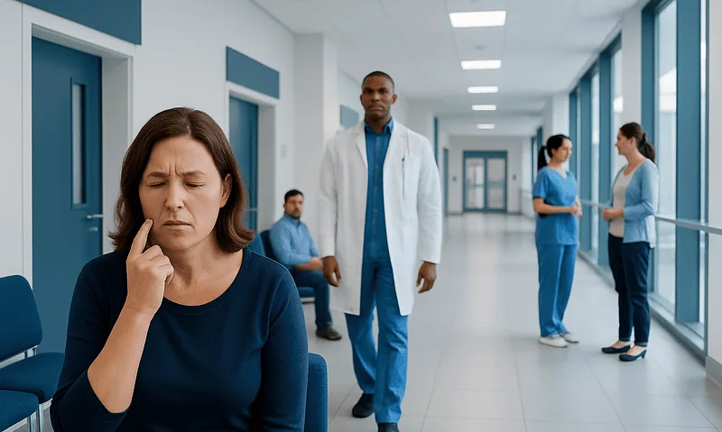 Patient experiencing jaw pain in hospital corridor with medical staff nearby.