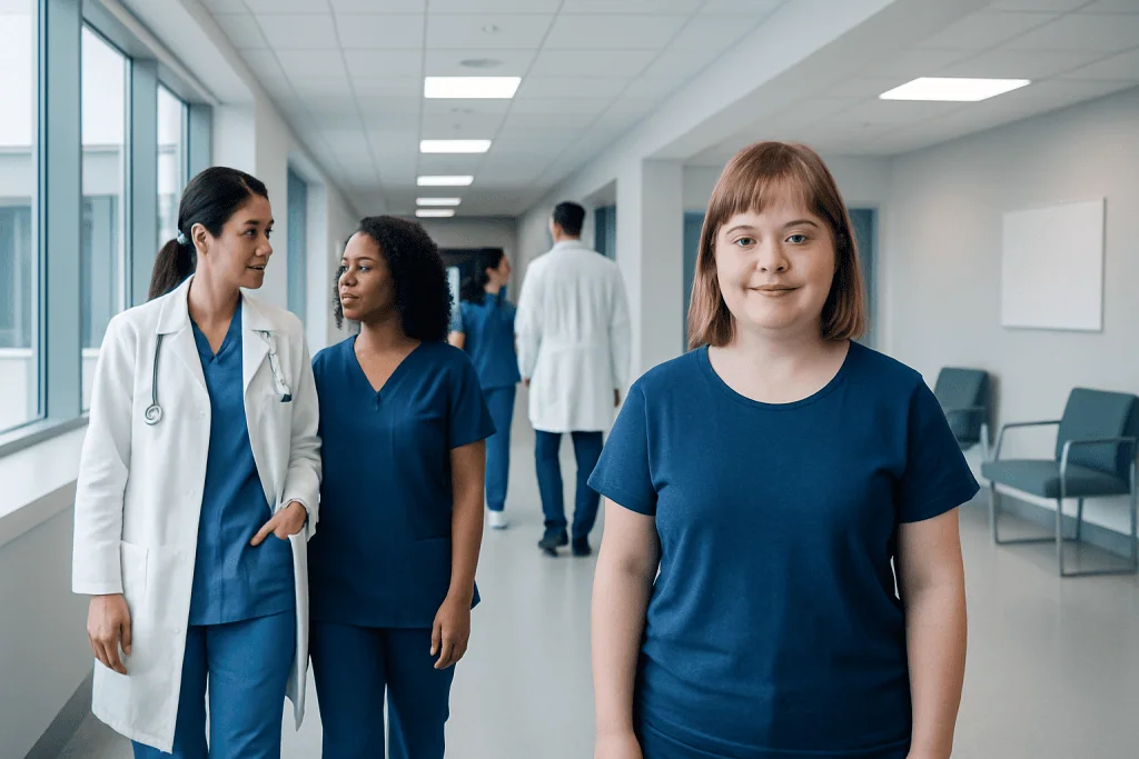 What Is Mosaic Down Syndrome? Causes, Explanations, and Next Steps 1 Young girl in hospital corridor with medical staff in background.