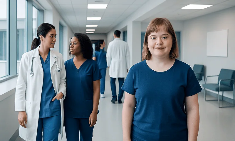 Young girl in hospital corridor with medical staff in background.