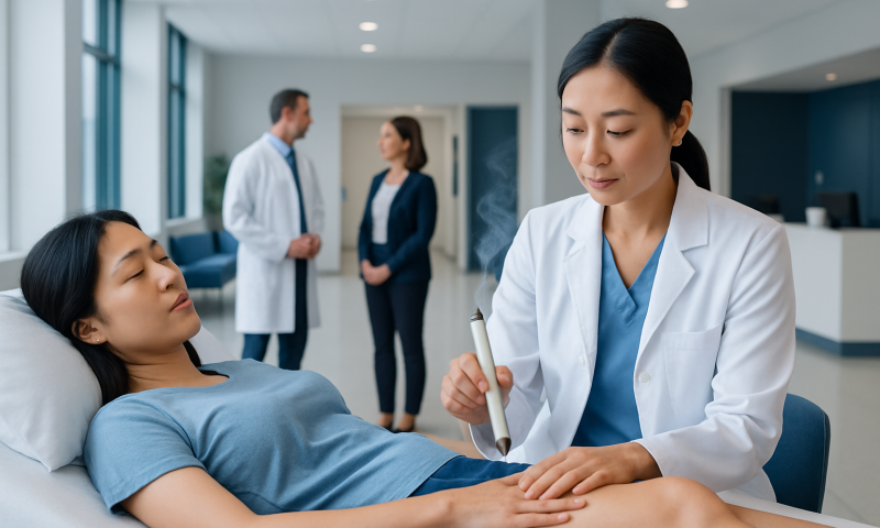 Moxibustion Treatment: How It Works, Results and What to Expect 16 Doctor performing moxibustion therapy on patient in hospital setting.