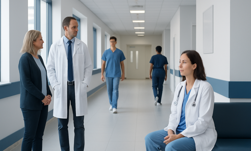 Medical team discussing patient care in hospital corridor.