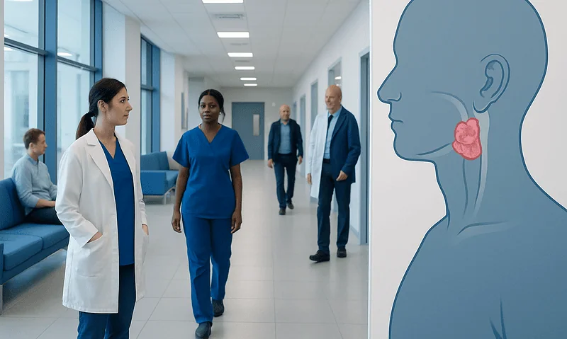 Medical team discussing patient care in hospital corridor with thyroid diagram.