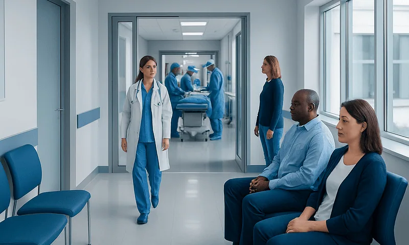 Hospital waiting area with patients and medical staff preparing for surgery.