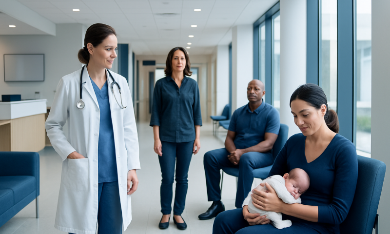 Medical team with new mother and baby in hospital corridor.