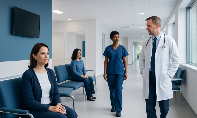 Medical professionals and patients in a hospital corridor at Acibadem Hospitals Group.