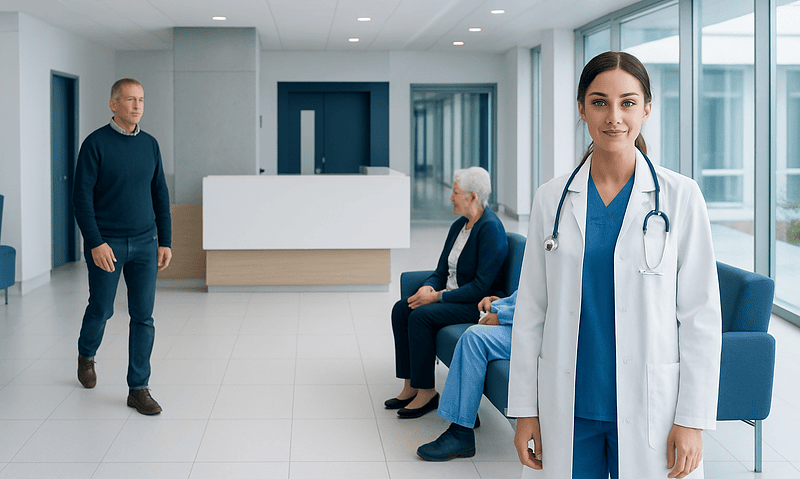 Nanoparticle Therapy: How It Works, Results and What to Expect 6 Healthcare professionals and patients in a modern hospital lobby.