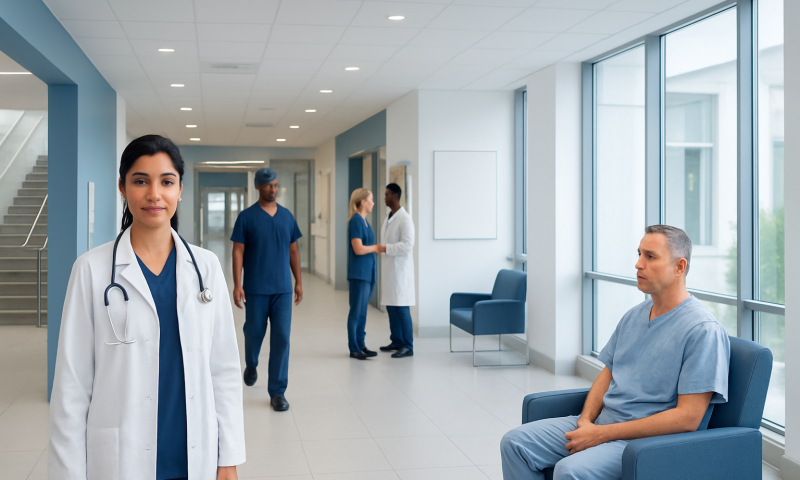 Healthcare professionals and patient in a modern hospital corridor.