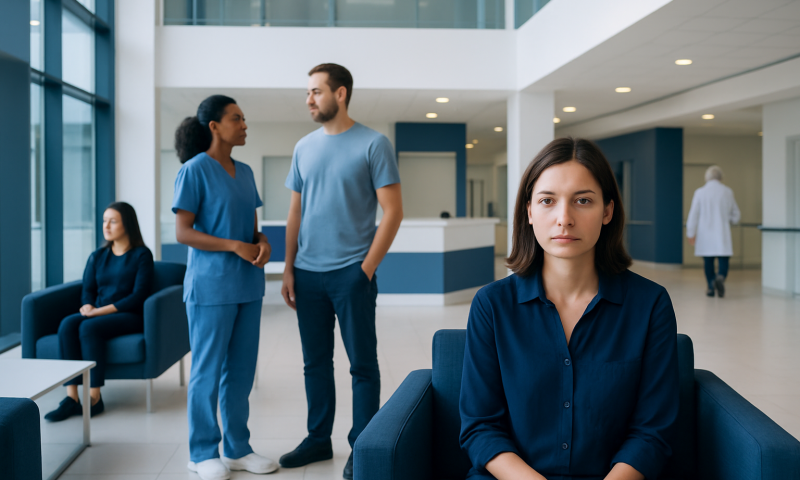 Healthcare professionals and patient in hospital lobby.