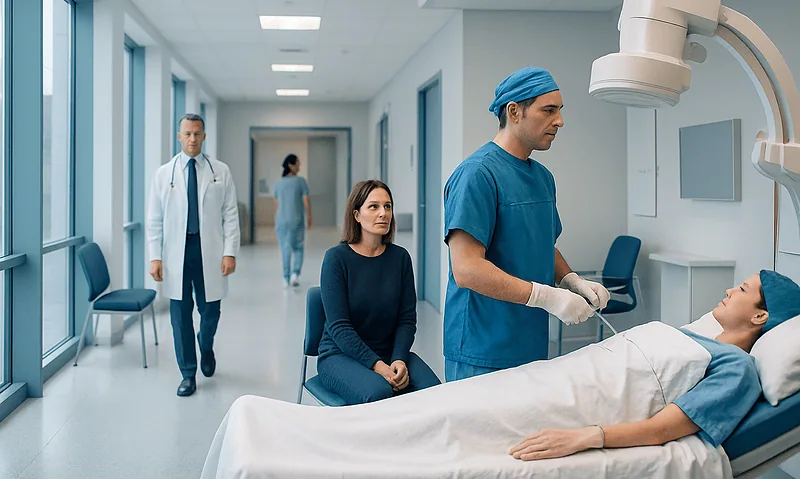 Neuroendovascular surgery consultation in a hospital corridor with medical staff and patient.