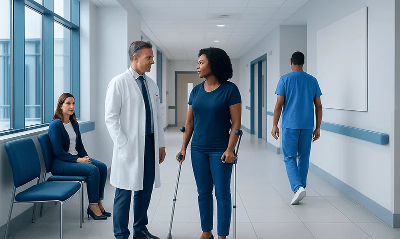Doctor consulting with a patient using crutches in hospital corridor.