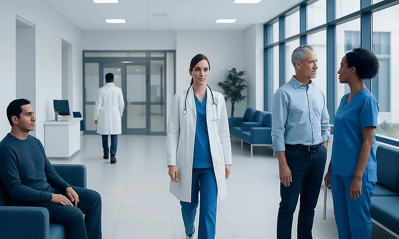 Medical professionals and patients in a modern hospital corridor.
