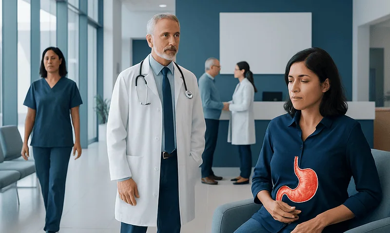 Doctor and nurse in hospital with patient holding stomach.