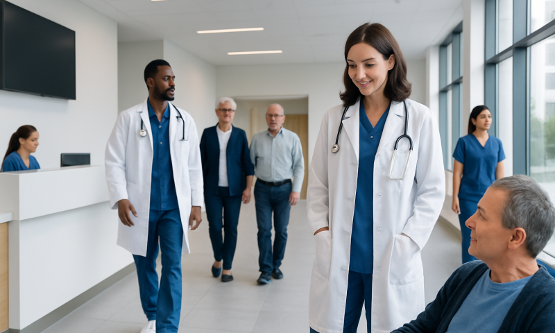 Healthcare professionals and patients in a modern hospital corridor.
