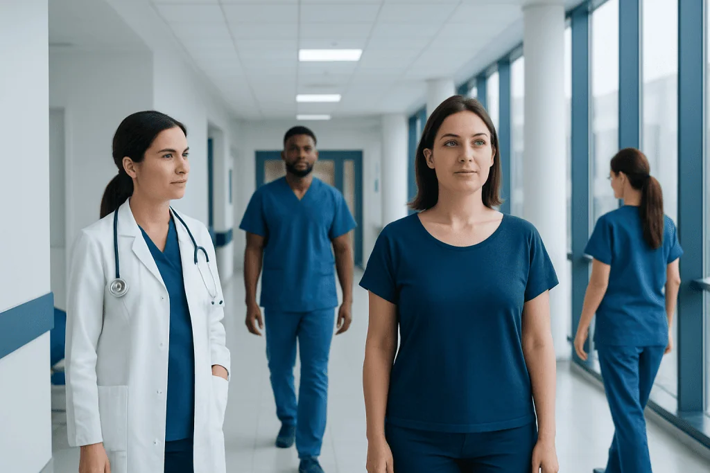 Nipple Removal Surgery: Procedure, Recovery and Results 1 Medical team in hospital corridor with patient in blue scrubs.