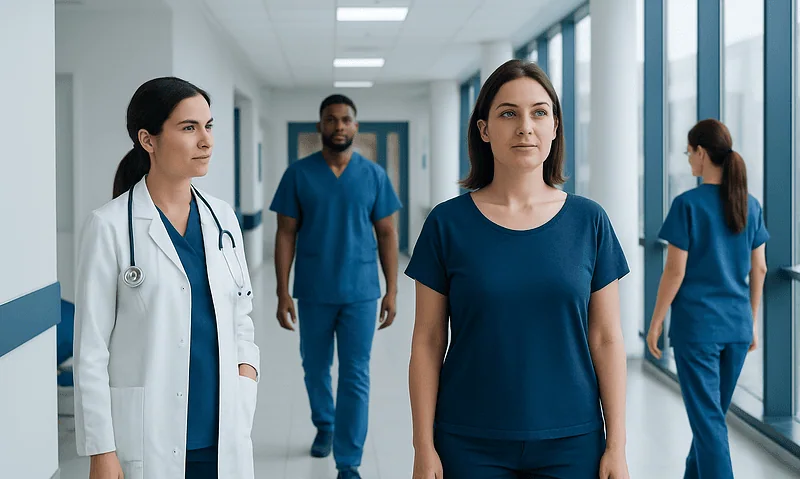 Medical team in hospital corridor with patient in blue scrubs.