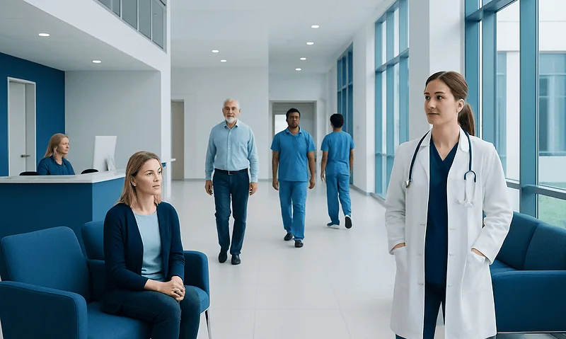 Medical professionals and patients in a modern hospital corridor.