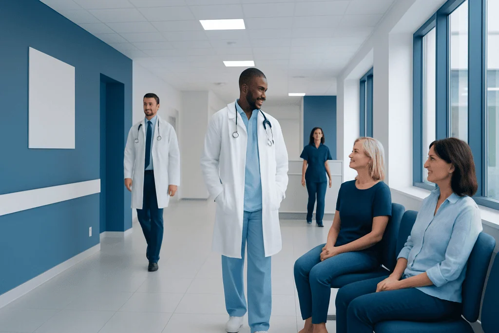 Non-Surgical Intimacy Treatment: Procedure, Recovery and Results 1 Medical team consulting with patients in a modern hospital corridor.