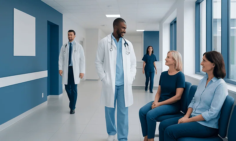 Medical team consulting with patients in a modern hospital corridor.