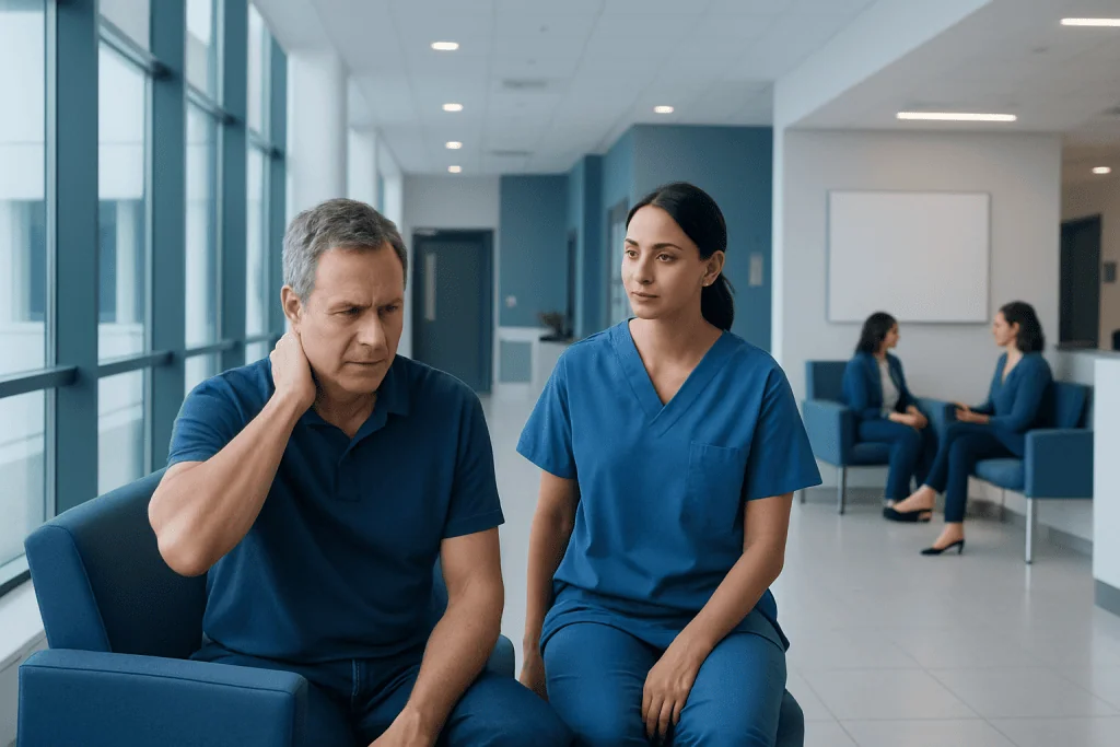 Cervical Epidural Steroid Injection: What Is Normal, What Is Not, and When to Seek Care 1 Patient consulting with nurse in hospital waiting area.