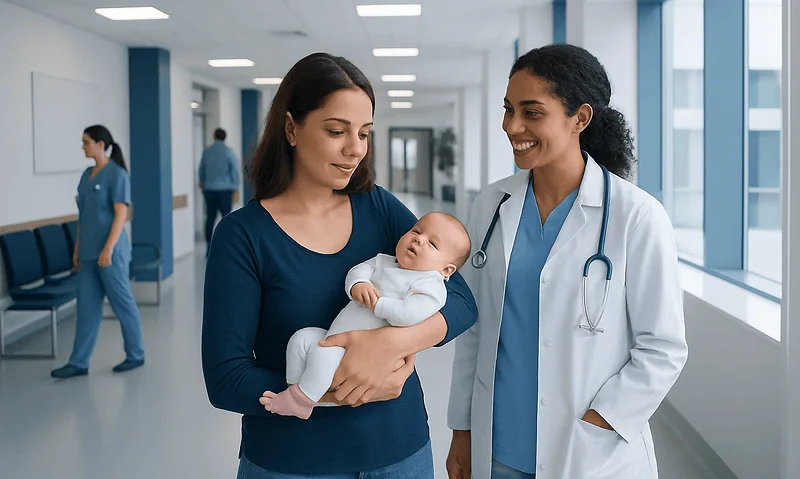 Mother holding newborn with doctor in hospital corridor.