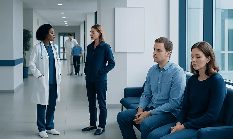 Hospital waiting area with patients and medical staff discussing health concerns.