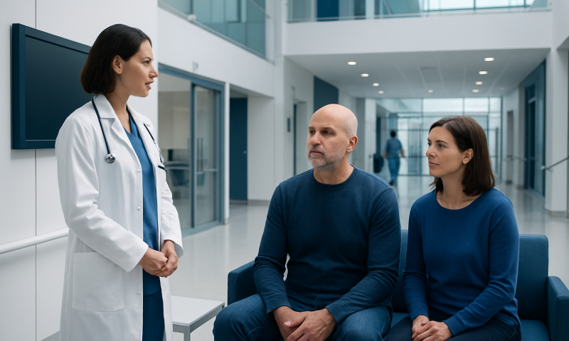 Doctor consulting with male and female patients in hospital corridor.