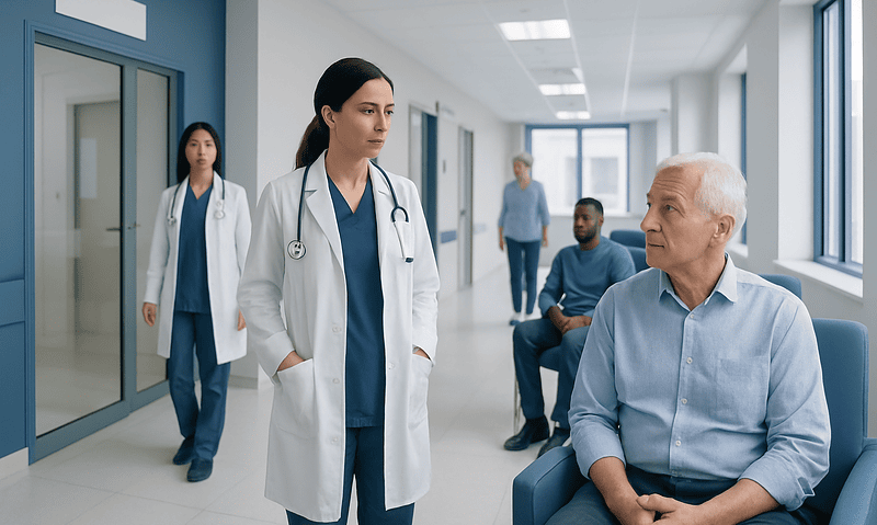 Medical consultation in hospital corridor with healthcare professionals and patient.