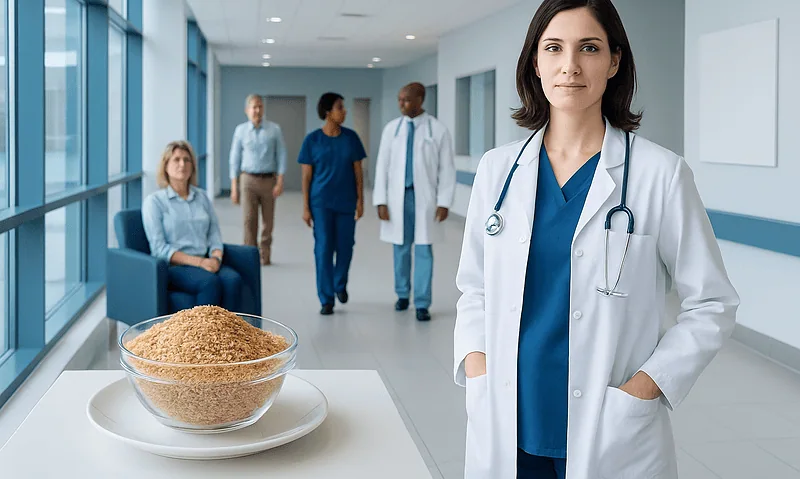 Healthcare professional in hospital corridor with a bowl of oat bran cereal.