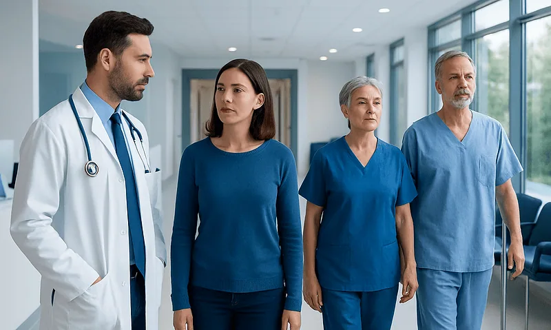Medical team discussing patient care in hospital corridor.