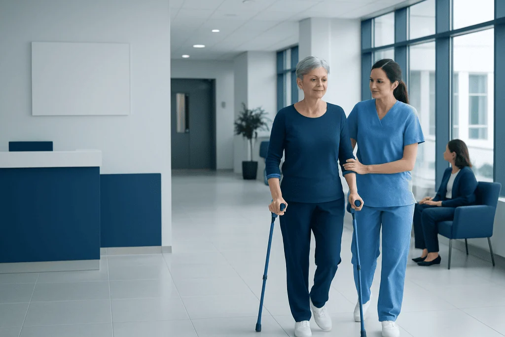Oncology Rehab: An Evidence-Based Patient Guide 1 Senior woman walking with nurse in hospital corridor with crutches.