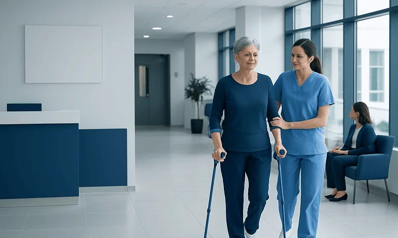 Senior woman walking with nurse in hospital corridor with crutches.