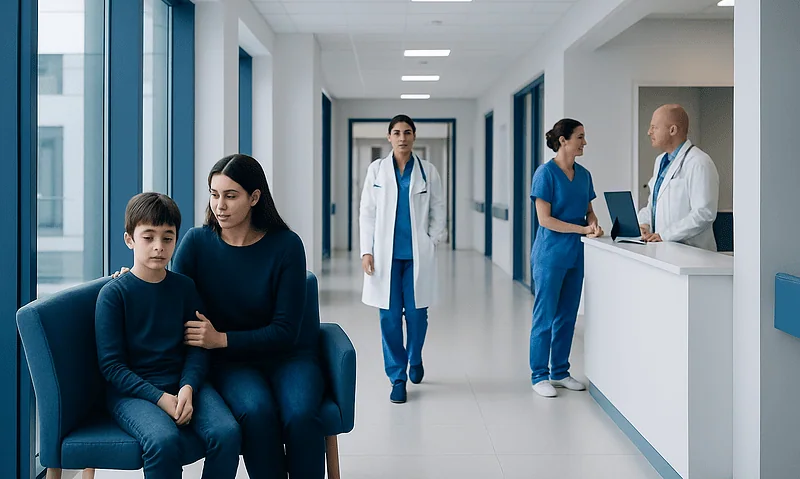 Hospital corridor with medical staff and a mother with her child.