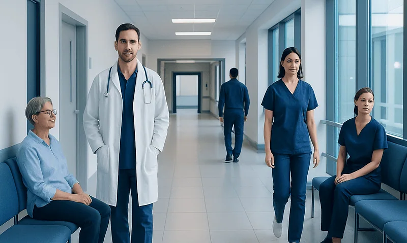 Medical team in hospital corridor with patients and staff in blue scrubs and white coat.