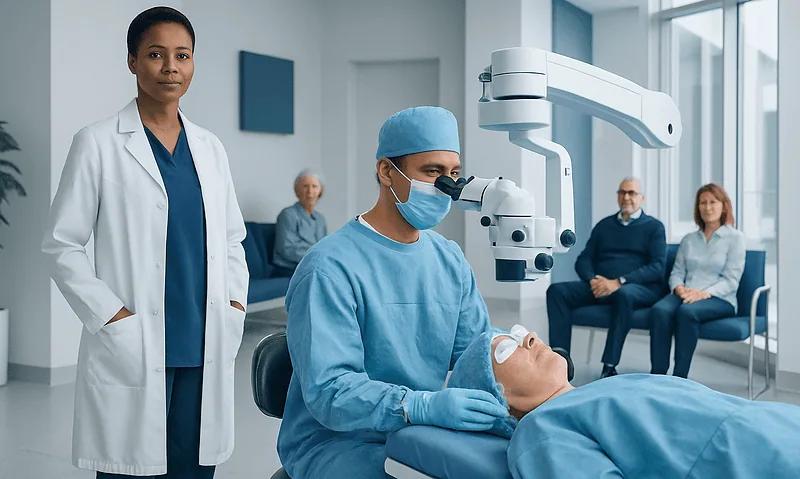 Ophthalmic surgeon performing eye surgery in a modern hospital setting.