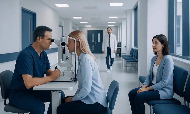 Optical hypertension consultation at a hospital with doctor and patient.
