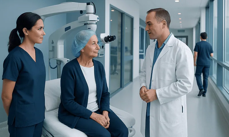 Ophthalmologist consulting with patient in hospital corridor.