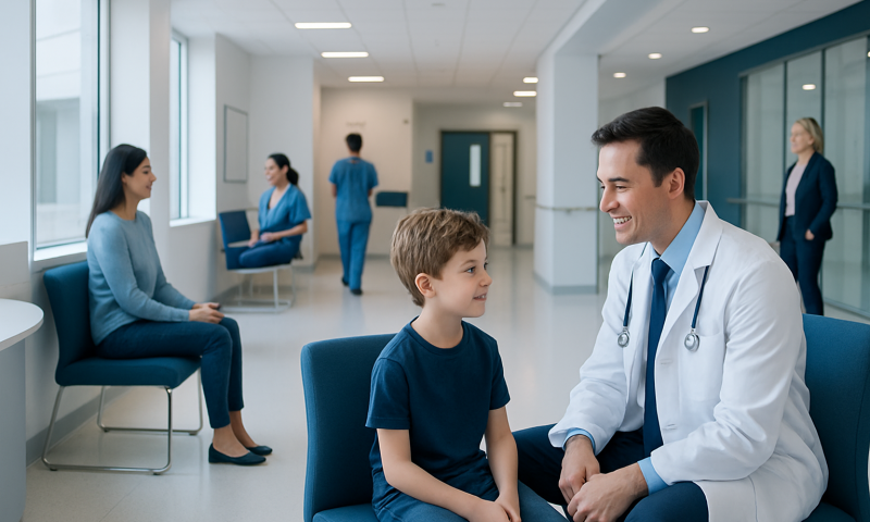 Pediatric consultation in a hospital waiting area with doctor and young patient.