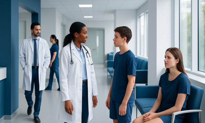 Medical professionals and patients in a hospital corridor.