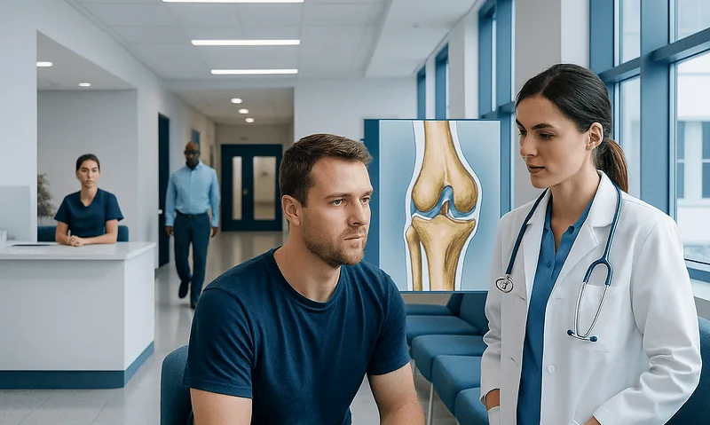 Doctor consulting patient in hospital corridor with knee anatomy model.