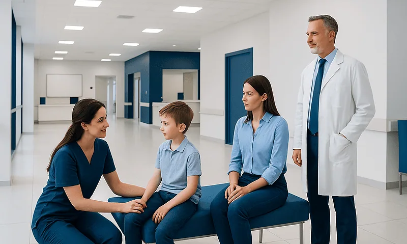 Child in hospital consultation with medical staff and parent.