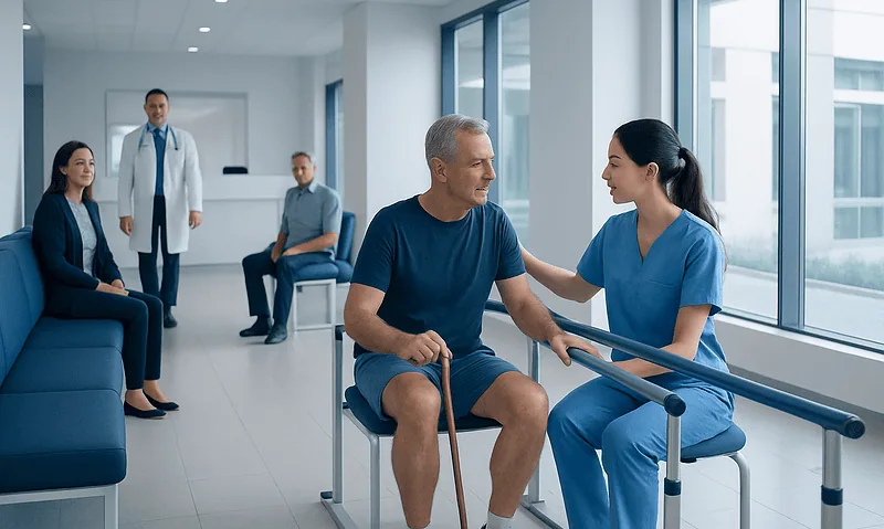 Patient receiving support from nurse in outpatient rehab center.