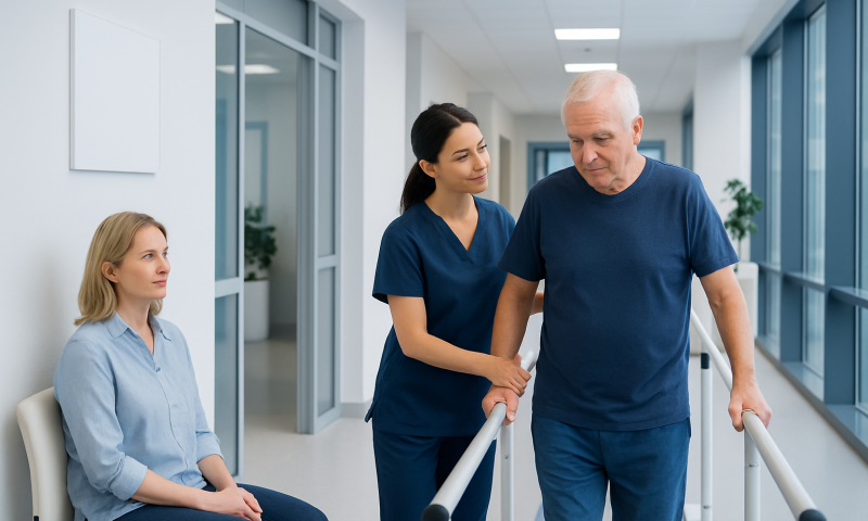 Elderly man receiving physical therapy with assistance from a healthcare professional.