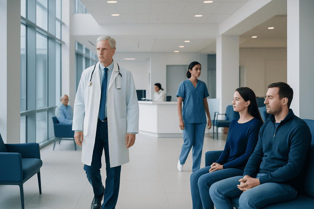 Outpatient Spine Surgery: Procedure, Recovery and Results 1 Doctor consulting with patients in a modern hospital waiting area.