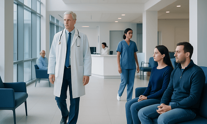 Doctor consulting with patients in a modern hospital waiting area.
